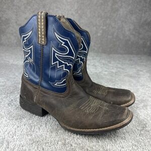 Ariat Cowboy Boots Kids Size 6 Brown Blue Square Toe Leather 10038333